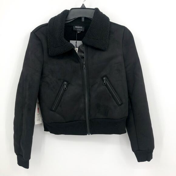 BARDOT Women's Shearling Bomber Jacket Small US 4 Black Faux Suede Cropped NWT - Picture 5 of 15